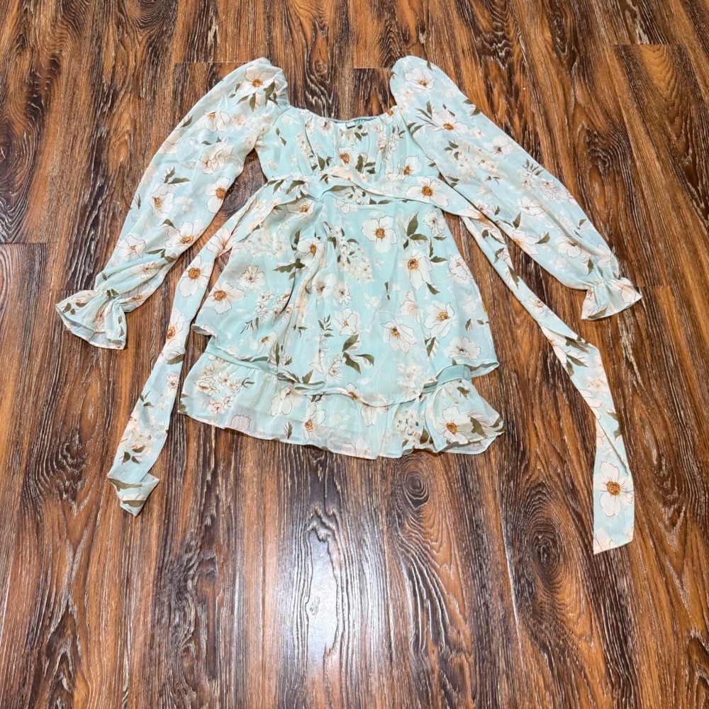 Lucky & Blessed XS Floral Mini Dress Womens Sage Green Ruffle Tie Waist